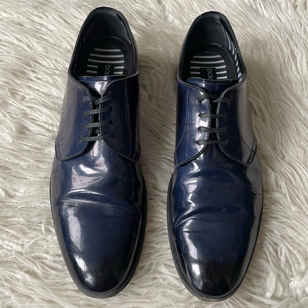Dolce & Gabbana 80650 Blue Derby Abrasivato Nuvolato Lava Patent Leather Shoe 7